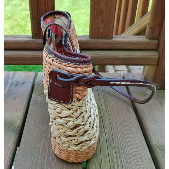 Vintage 90s Brighton Woven Wicker Straw Purse Shoulder Bag Brown Leather Strap - Picture 2 of 11